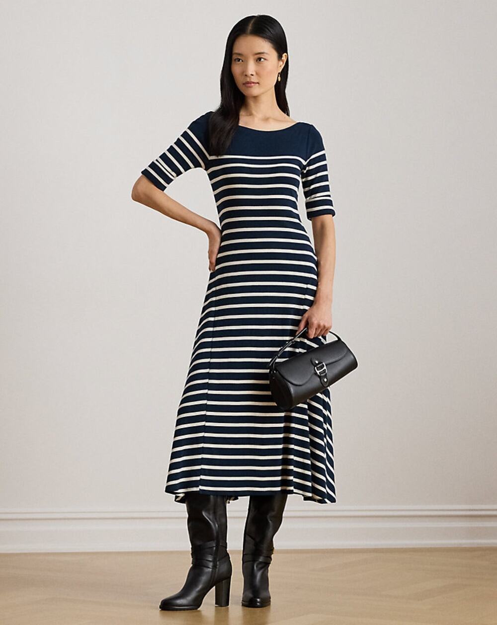 Polo Ralph Lauren Striped Cotton Rib-Knit Midi Dress Sz S Blue White Nice!